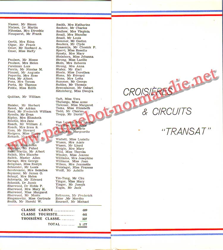 PAQUEBOT NORMANDIE - LISTE DES PASSAGERS DU 3 AOUT 1938 - 3ème CLASSE / 3-5