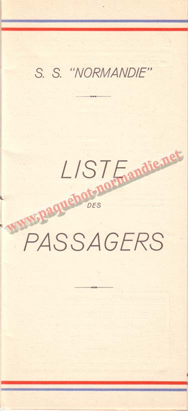 PAQUEBOT NORMANDIE - LISTE DES PASSAGERS DU 3 NOVEMBRE 1937 - 1ère CLASSE / 1-1