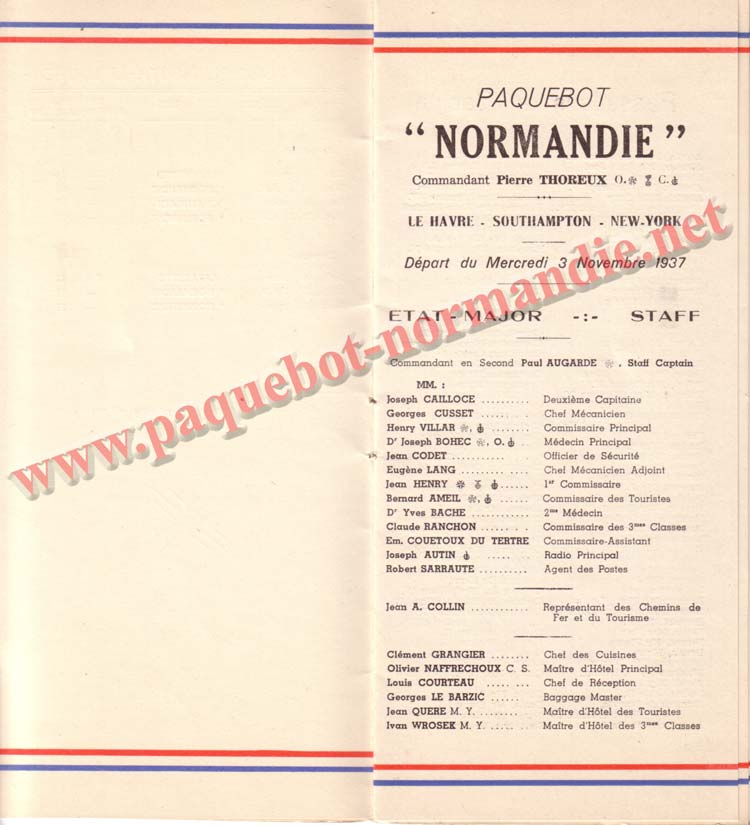 PAQUEBOT NORMANDIE - LISTE DES PASSAGERS DU 3 NOVEMBRE 1937 - 1ère CLASSE / 1-3