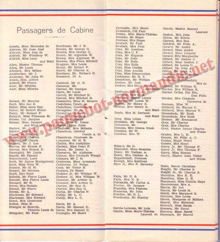 PAQUEBOT NORMANDIE - LISTE DES PASSAGERS DU 3 NOVEMBRE 1937 - 1ère CLASSE / 1-4