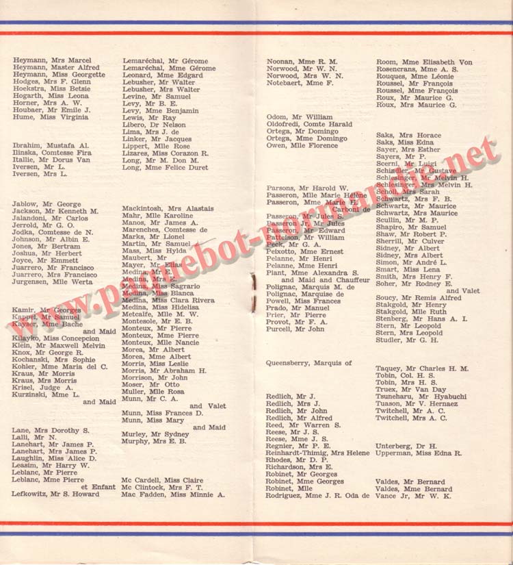 PAQUEBOT NORMANDIE - LISTE DES PASSAGERS DU 3 NOVEMBRE 1937 - 1ère CLASSE / 1-5