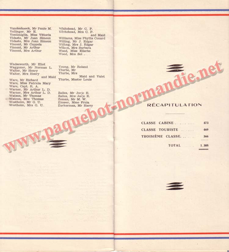 PAQUEBOT NORMANDIE - LISTE DES PASSAGERS DU 3 NOVEMBRE 1937 - 1ère CLASSE / 1-6