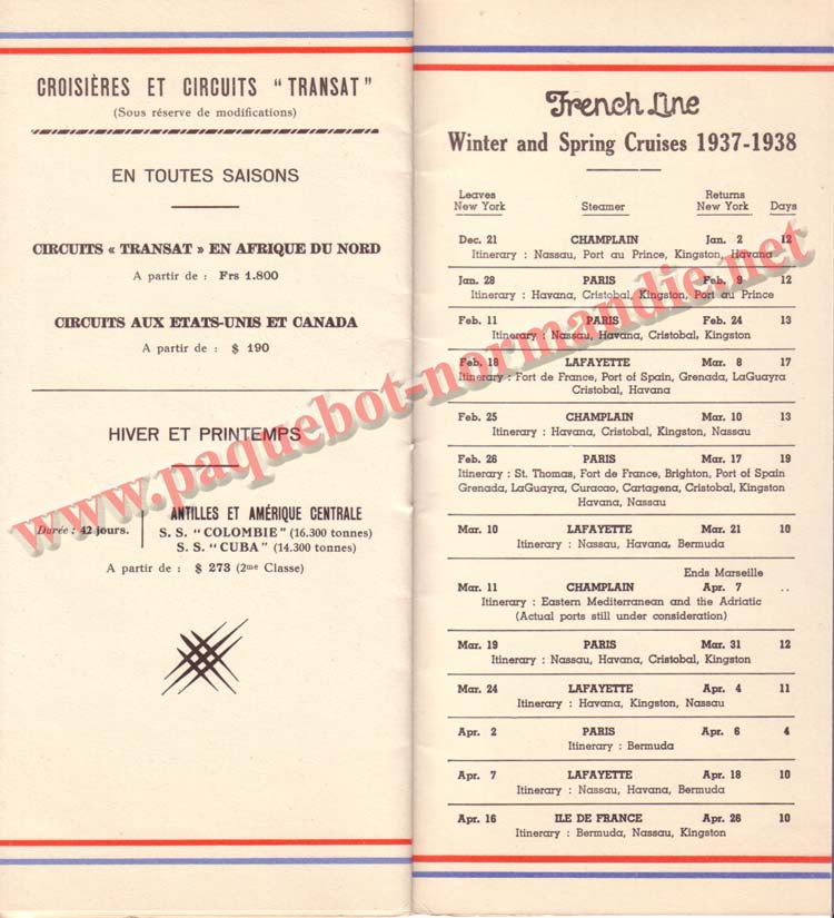 PAQUEBOT NORMANDIE - LISTE DES PASSAGERS DU 3 NOVEMBRE 1937 - 1ère CLASSE / 1-8