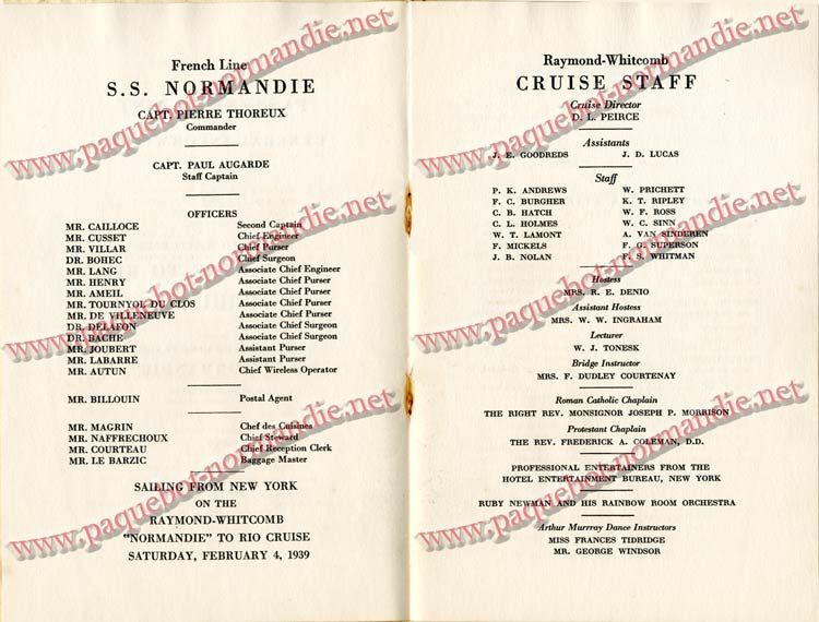 PAQUEBOT NORMANDIE - LISTE DES PASSAGERS DU 4 FEVRIER 1939 POUR LA 2ème CROISIERE DE RIO / 3