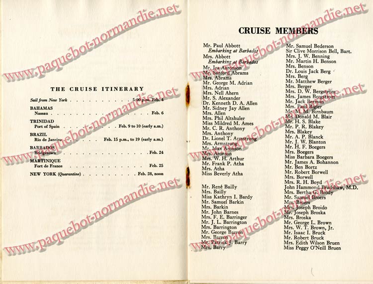 PAQUEBOT NORMANDIE - LISTE DES PASSAGERS DU 4 FEVRIER 1939 POUR LA 2ème CROISIERE DE RIO / 4