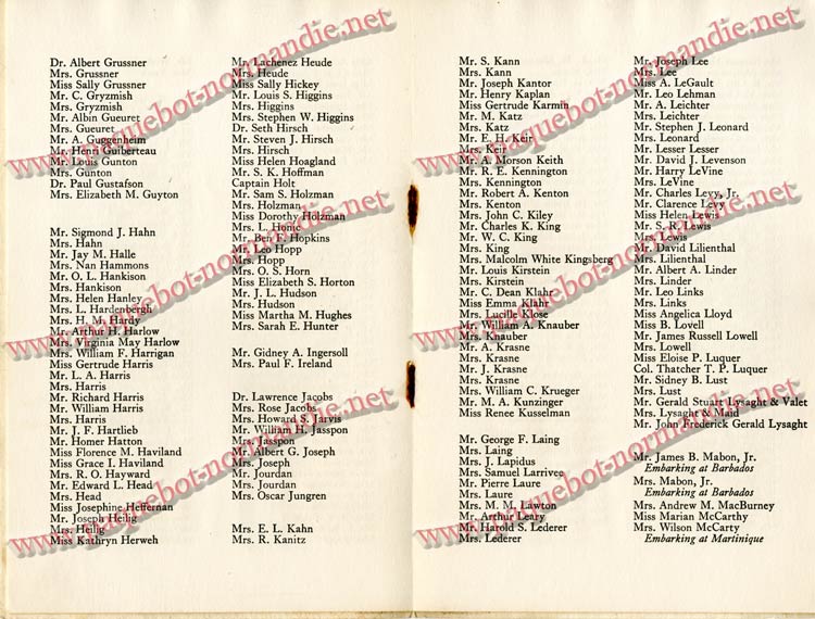 PAQUEBOT NORMANDIE - LISTE DES PASSAGERS DU 4 FEVRIER 1939 POUR LA 2ème CROISIERE DE RIO / 6