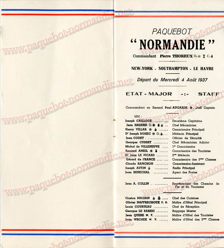  PAQUEBOT NORMANDIE - LISTE DES PASSAGERS DU 04 AOUT 1937 - 1ère CLASSE / 1-3