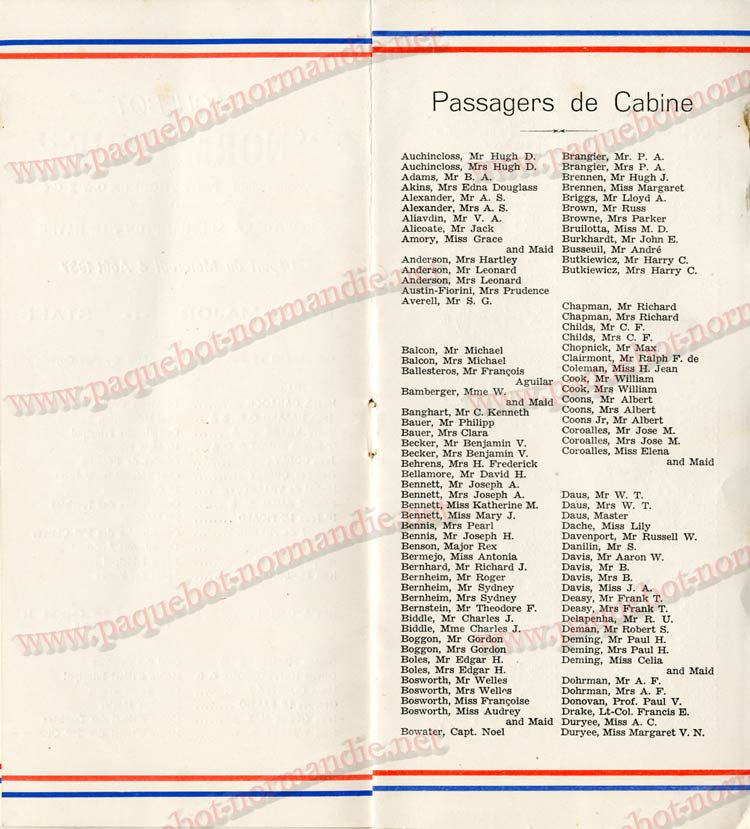  PAQUEBOT NORMANDIE - LISTE DES PASSAGERS DU 04 AOUT 1937 - 1ère CLASSE / 1-4