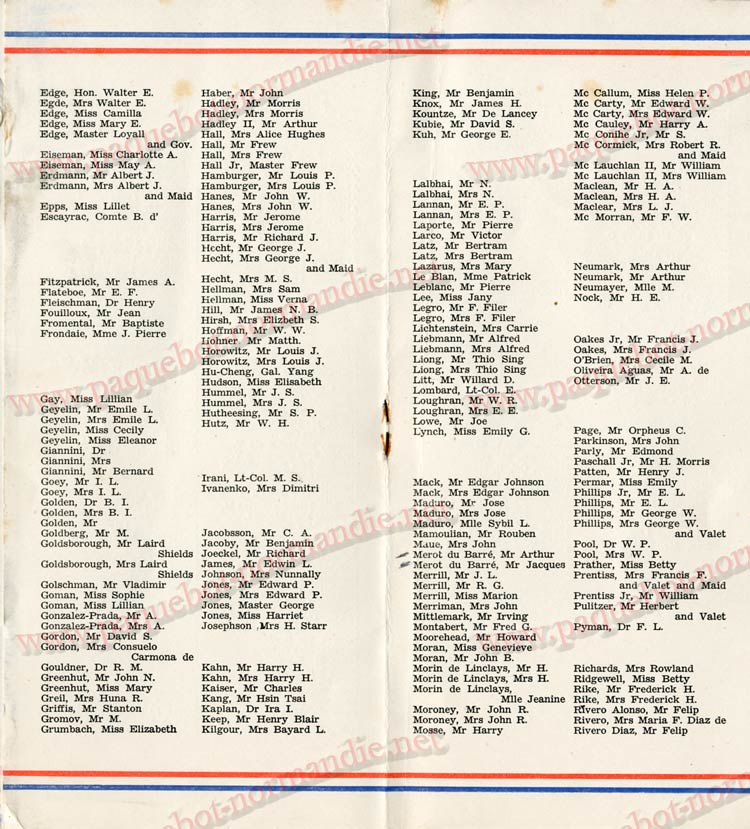  PAQUEBOT NORMANDIE - LISTE DES PASSAGERS DU 04 AOUT 1937 - 1ère CLASSE / 1-5