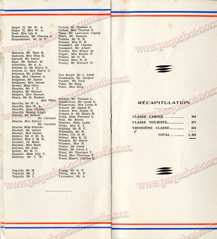  PAQUEBOT NORMANDIE - LISTE DES PASSAGERS DU 04 AOUT 1937 - 1ère CLASSE / 1-6