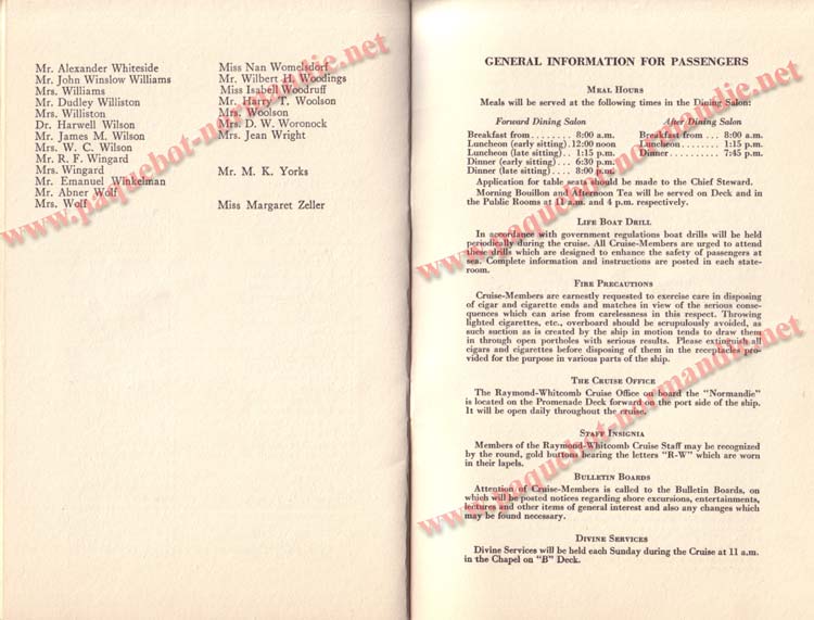 PAQUEBOT NORMANDIE - LISTE DES PASSAGERS DU 5 FEVRIER 1938 POUR LA 1ère CROISIERE DE RIO / 10