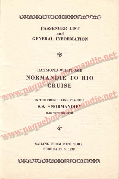 PAQUEBOT NORMANDIE - LISTE DES PASSAGERS DU 5 FEVRIER 1938 POUR LA 1ère CROISIERE DE RIO / 2