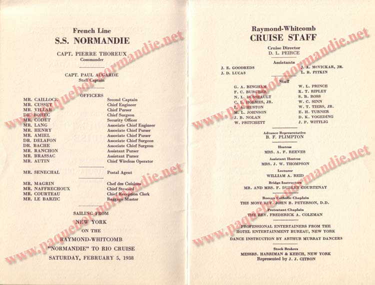 PAQUEBOT NORMANDIE - LISTE DES PASSAGERS DU 5 FEVRIER 1938 POUR LA 1ère CROISIERE DE RIO / 3