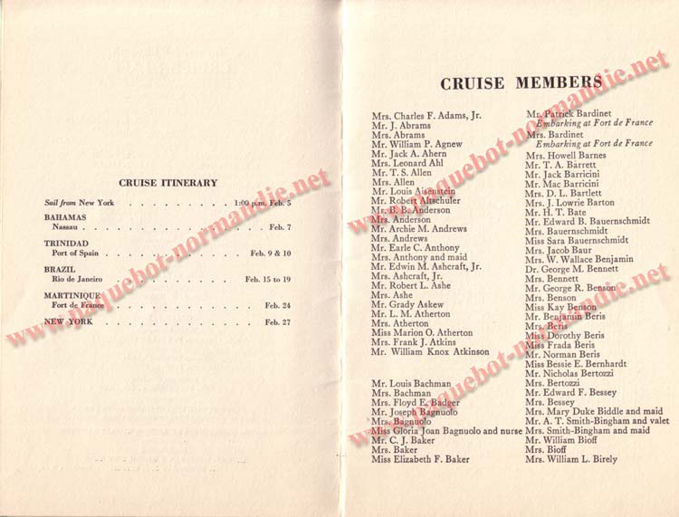 PAQUEBOT NORMANDIE - LISTE DES PASSAGERS DU 5 FEVRIER 1938 POUR LA 1ère CROISIERE DE RIO / 4