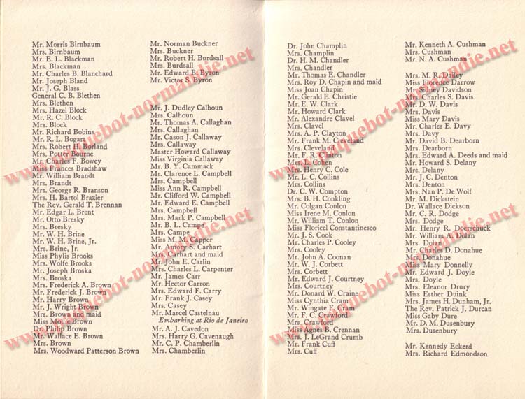 PAQUEBOT NORMANDIE - LISTE DES PASSAGERS DU 5 FEVRIER 1938 POUR LA 1ère CROISIERE DE RIO / 5