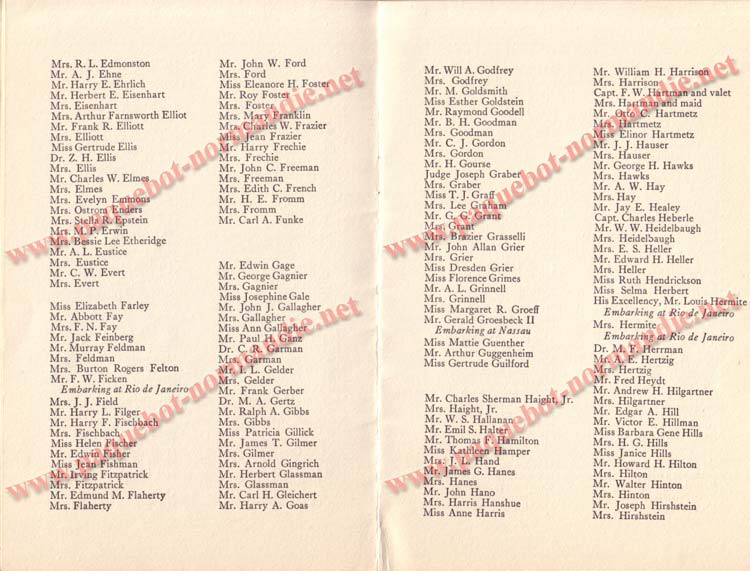 PAQUEBOT NORMANDIE - LISTE DES PASSAGERS DU 5 FEVRIER 1938 POUR LA 1ère CROISIERE DE RIO / 6