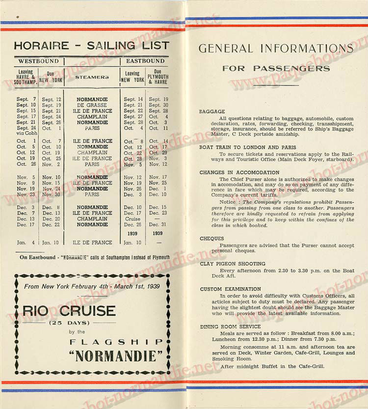 S.S NORMANDIE - LISTE PASSAGERS DU 05 Octobre 1938 - 1ère CLASSE / 1-2