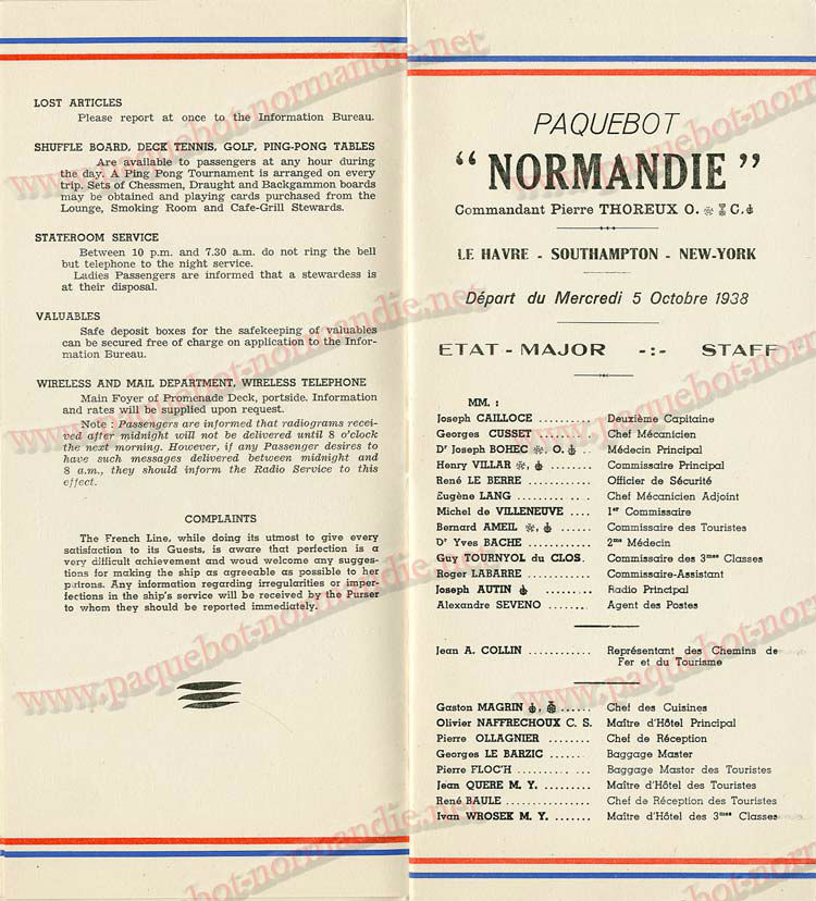 S.S NORMANDIE - LISTE PASSAGERS DU 05 Octobre 1938 - 1ère CLASSE / 1-4