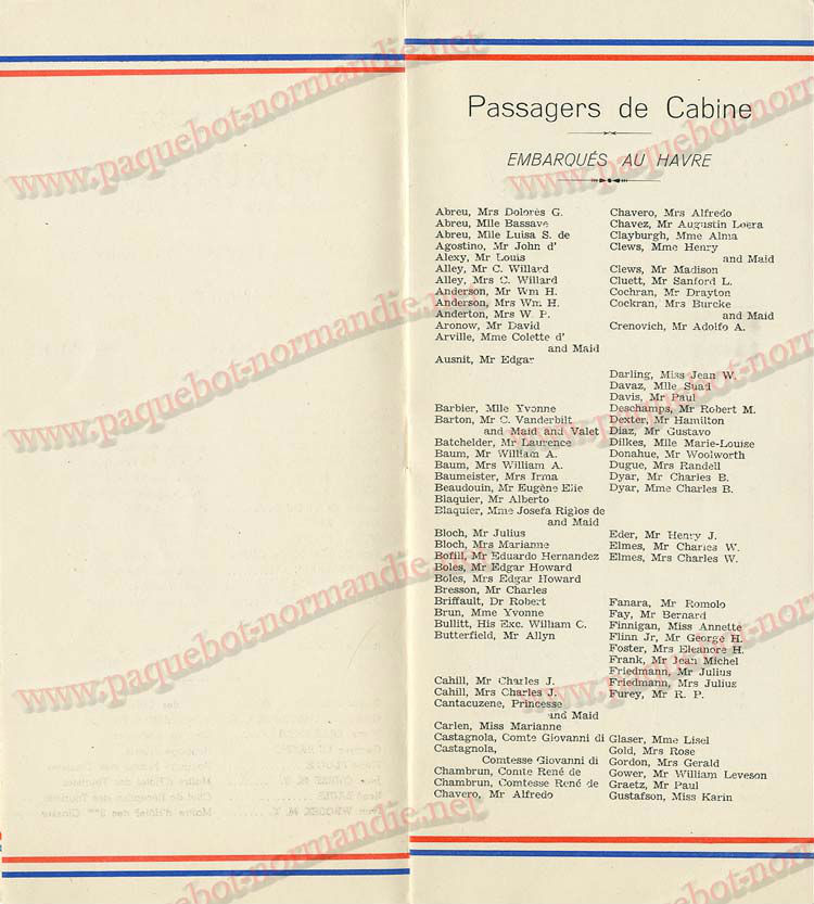 S.S NORMANDIE - LISTE PASSAGERS DU 05 Octobre 1938 - 1ère CLASSE / 1-5