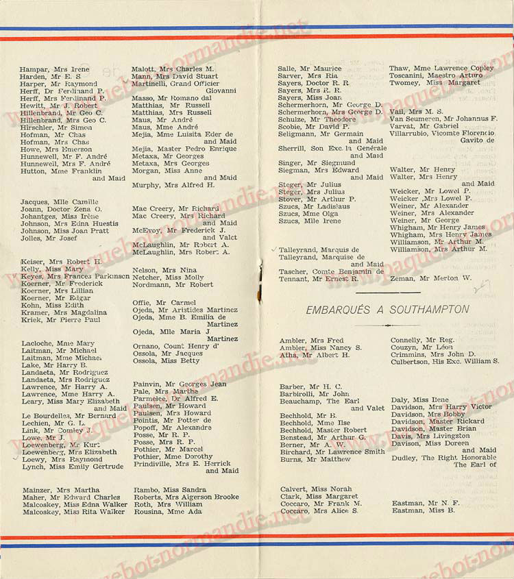 S.S NORMANDIE - LISTE PASSAGERS DU 05 Octobre 1938 - 1ère CLASSE / 1-6