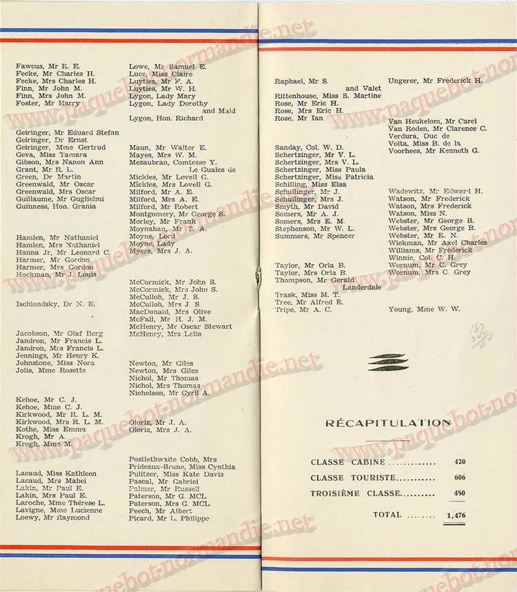 S.S NORMANDIE - LISTE PASSAGERS DU 05 Octobre 1938 - 1ère CLASSE / 1-7