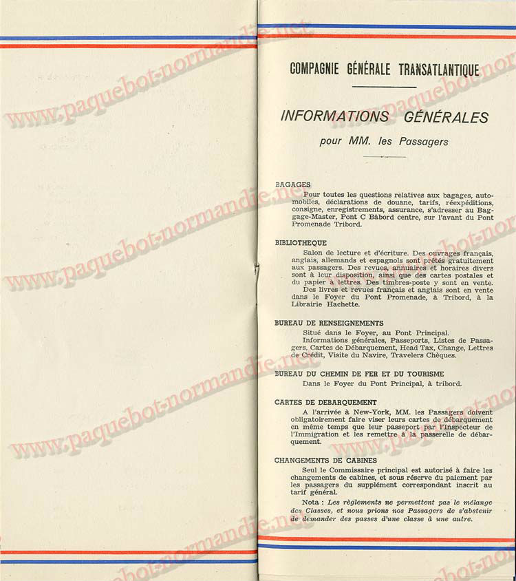 S.S NORMANDIE - LISTE PASSAGERS DU 05 Octobre 1938 - 1ère CLASSE / 1-8