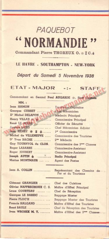 PAQUEBOT NORMANDIE - LISTE DES PASSAGERS DU 5 NOVEMBRE 1938 - 1ère CLASSE / 1-1