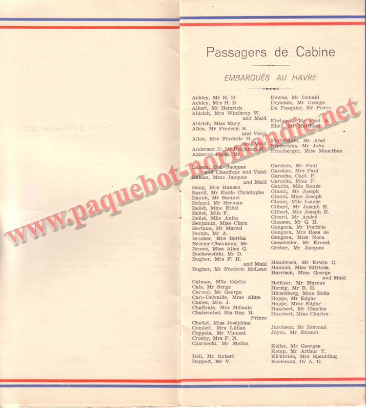 PAQUEBOT NORMANDIE - LISTE DES PASSAGERS DU 5 NOVEMBRE 1938 - 1ère CLASSE / 1-2