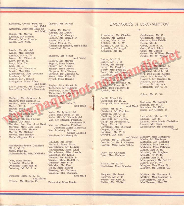 PAQUEBOT NORMANDIE - LISTE DES PASSAGERS DU 5 NOVEMBRE 1938 - 1ère CLASSE / 1-3