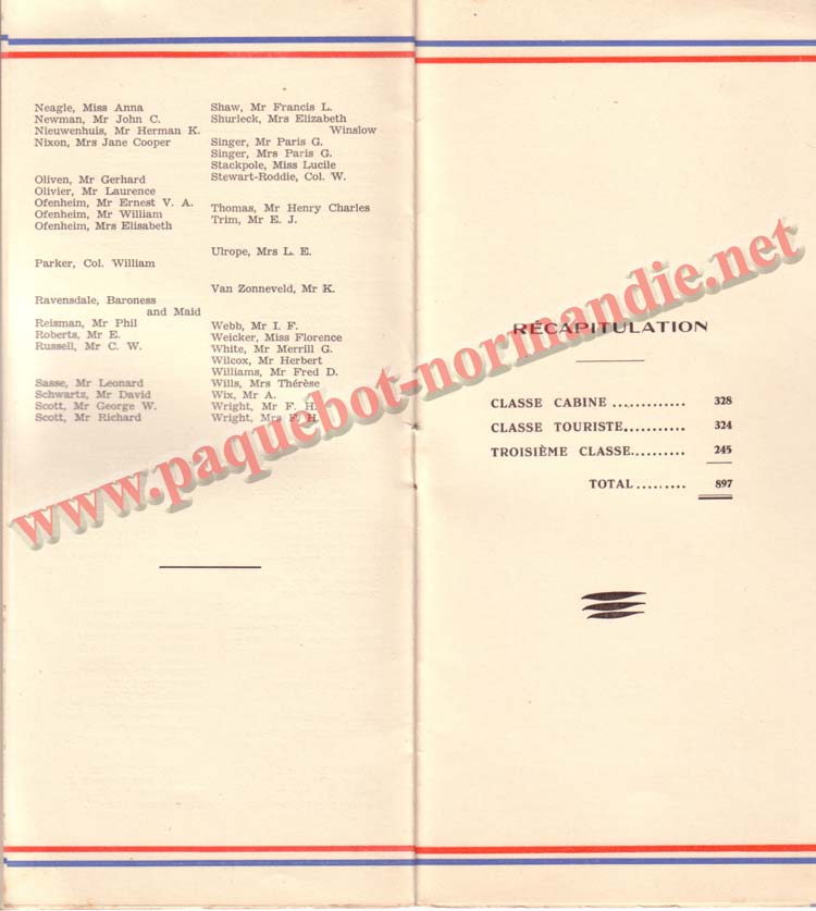 PAQUEBOT NORMANDIE - LISTE DES PASSAGERS DU 5 NOVEMBRE 1938 - 1ère CLASSE / 1-4