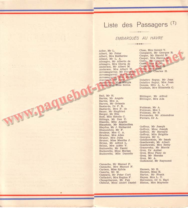 PAQUEBOT NORMANDIE - LISTE DES PASSAGERS DU 5 NOVEMBRE 1938 - 2ème CLASSE / 2-2