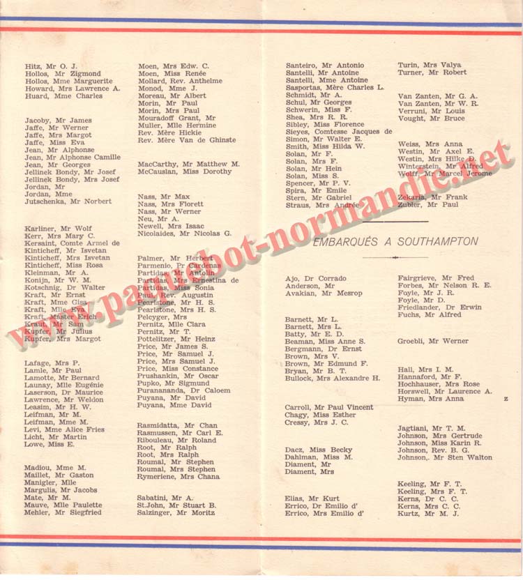 PAQUEBOT NORMANDIE - LISTE DES PASSAGERS DU 5 NOVEMBRE 1938 - 2ème CLASSE / 2-3