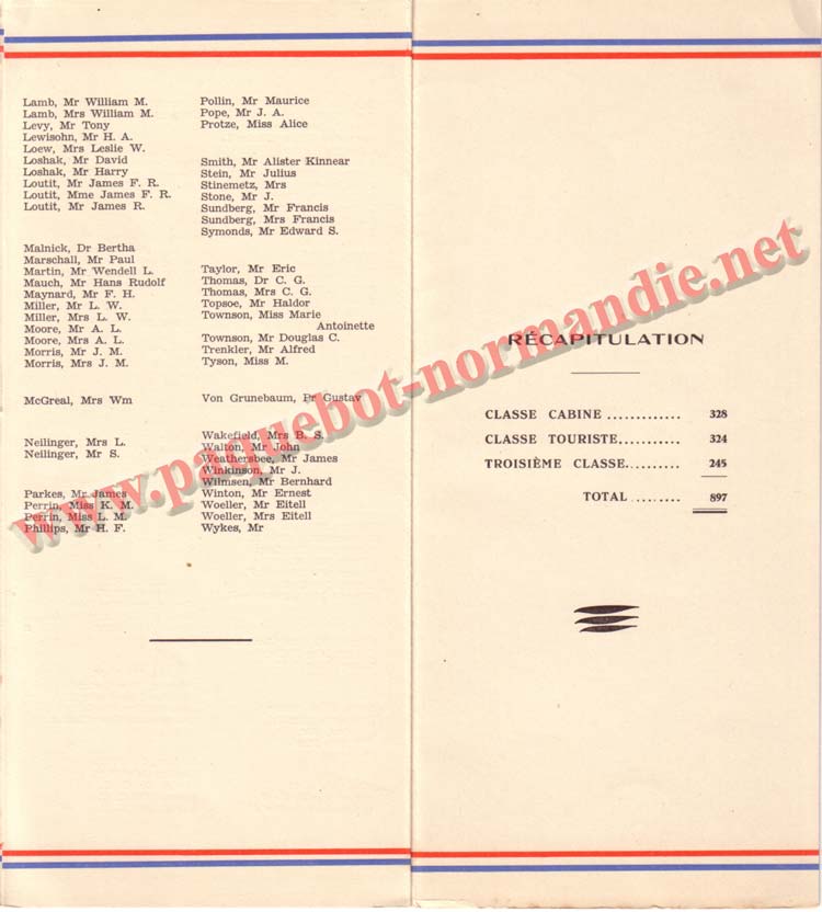 PAQUEBOT NORMANDIE - LISTE DES PASSAGERS DU 5 NOVEMBRE 1938 - 2ème CLASSE / 2-4