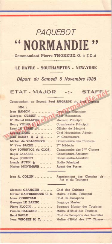 PAQUEBOT NORMANDIE - LISTE DES PASSAGERS DU 5 NOVEMBRE 1938 - 3ème CLASSE / 3-1