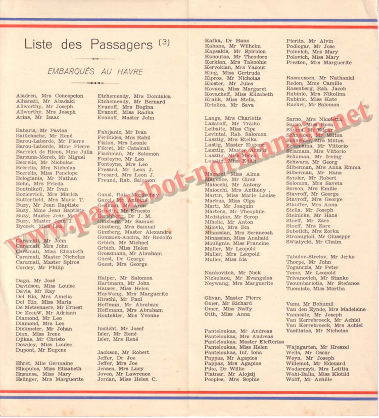 PAQUEBOT NORMANDIE - LISTE DES PASSAGERS DU 5 NOVEMBRE 1938 - 3ème CLASSE / 3-2