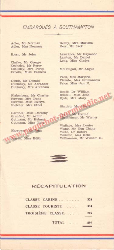 PAQUEBOT NORMANDIE - LISTE DES PASSAGERS DU 5 NOVEMBRE 1938 - 3ème CLASSE / 3-3