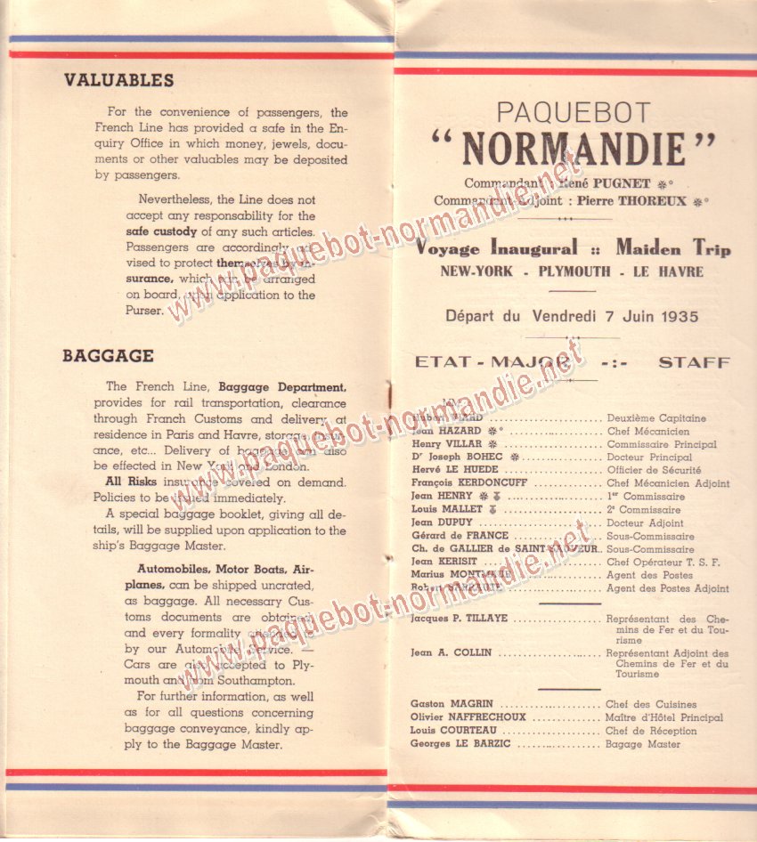 Paquebot s/s Normandie - LISTE PASSAGERS 7.06.35 / 1-3