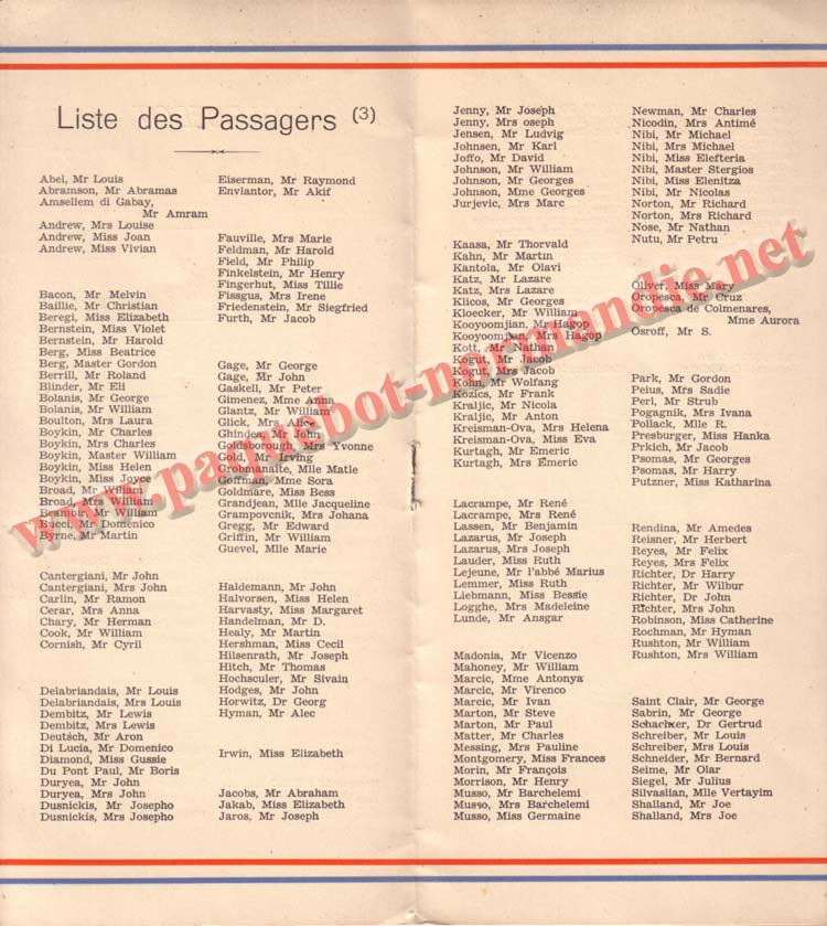 PAQUEBOT NORMANDIE - LISTE DES PASSAGERS DU 07 JUILET 1937 - 3ème CLASSE / 3-2