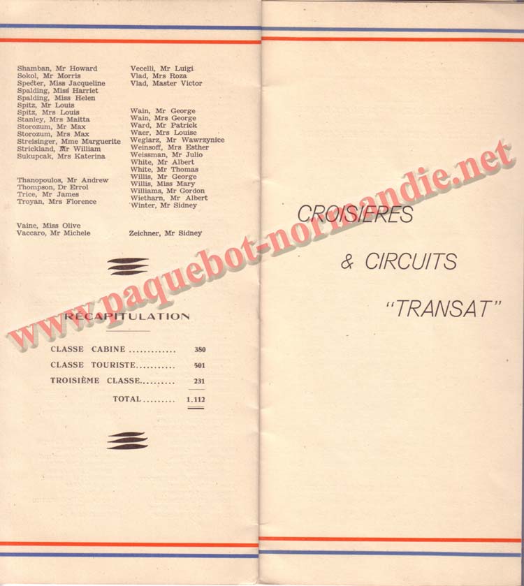 PAQUEBOT NORMANDIE - LISTE DES PASSAGERS DU 07 JUILET 1937 - 3ème CLASSE / 3-3