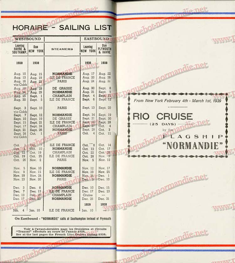 S.S NORMANDIE - LISTE PASSAGERS DU 7 SEPTEMBRE 1938 - 1ère CLASSE / 1-2