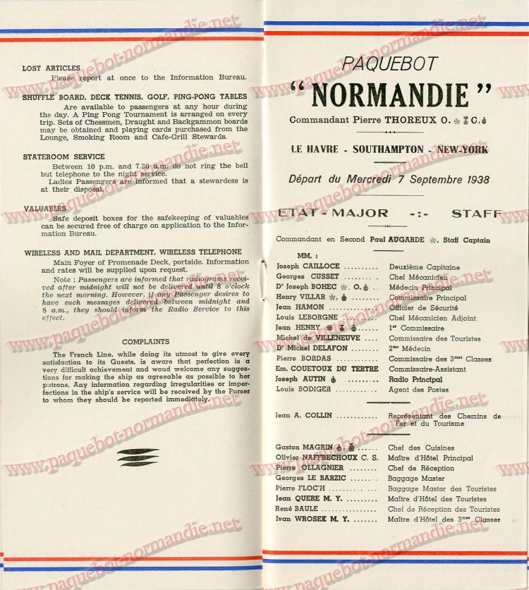 S.S NORMANDIE - LISTE PASSAGERS DU 7 SEPTEMBRE 1938 - 1ère CLASSE / 1-5