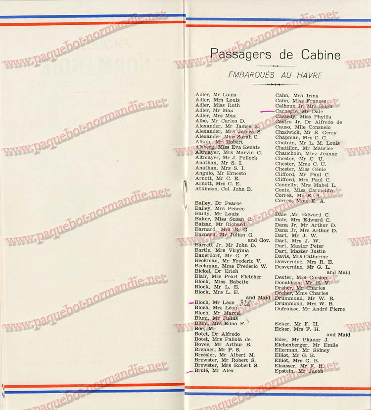 S.S NORMANDIE - LISTE PASSAGERS DU 7 SEPTEMBRE 1938 - 1ère CLASSE / 1-6