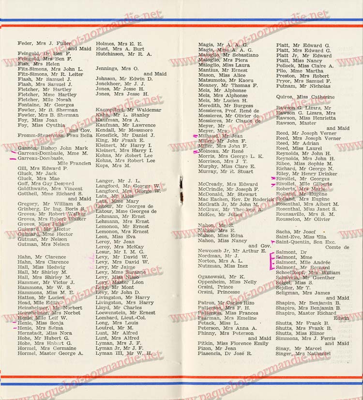 S.S NORMANDIE - LISTE PASSAGERS DU 7 SEPTEMBRE 1938 - 1ère CLASSE / 1-7