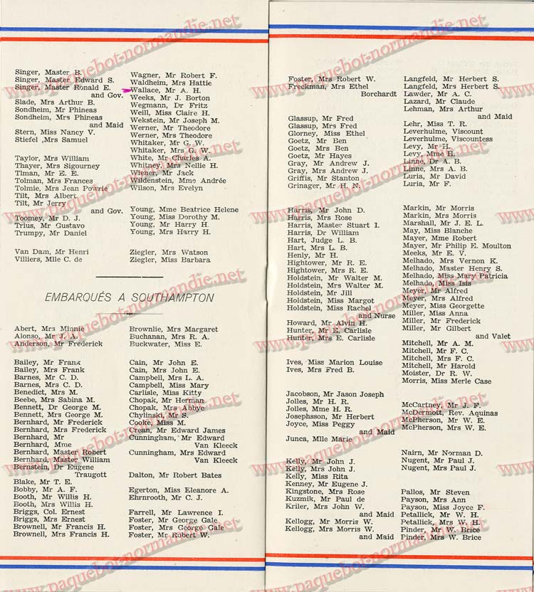 S.S NORMANDIE - LISTE PASSAGERS DU 7 SEPTEMBRE 1938 - 1ère CLASSE / 1-8