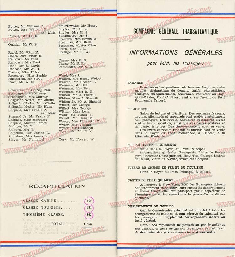 S.S NORMANDIE - LISTE PASSAGERS DU 7 SEPTEMBRE 1938 - 1ère CLASSE / 1-9