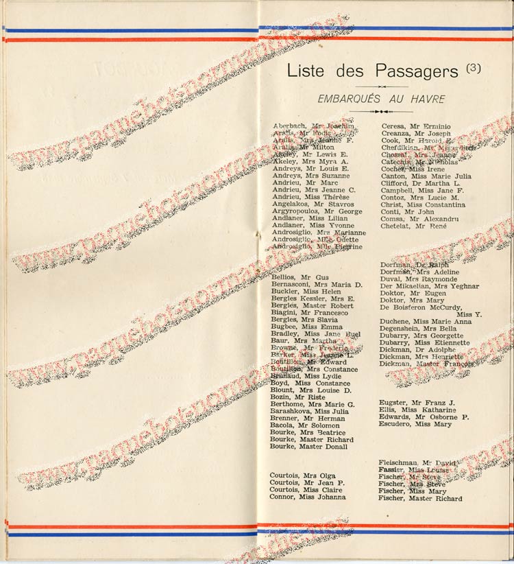 S.S NORMANDIE - LISTE PASSAGERS DU 7 SEPTEMBRE 1938 - 3ème CLASSE / 3-4