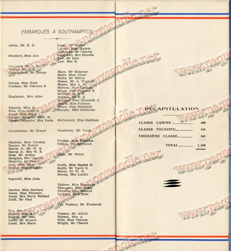 S.S NORMANDIE - LISTE PASSAGERS DU 7 SEPTEMBRE 1938 - 3ème CLASSE / 3-6