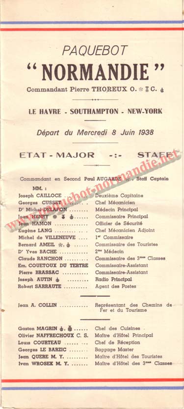 PAQUEBOT NORMANDIE - LISTE DES PASSAGERS DU 8 JUIN 1938 - 1ère CLASSE / 1-1