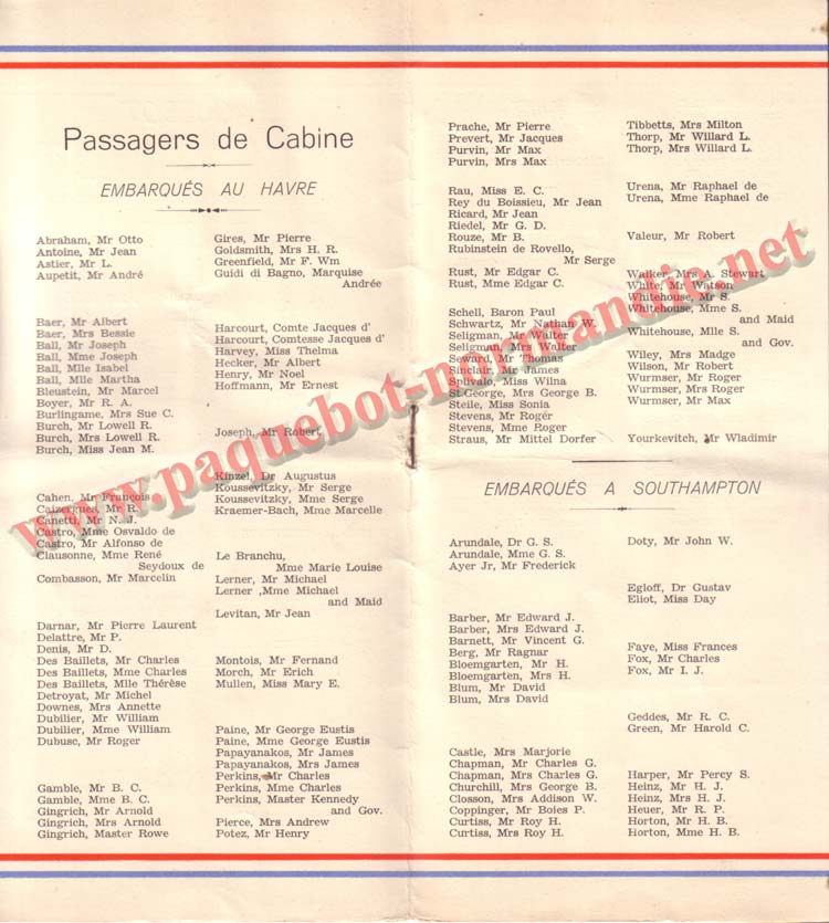 PAQUEBOT NORMANDIE - LISTE DES PASSAGERS DU 8 JUIN 1938 - 1ère CLASSE / 1-2
