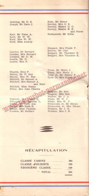 PAQUEBOT NORMANDIE - LISTE DES PASSAGERS DU 8 JUIN 1938 - 1ère CLASSE / 1-3